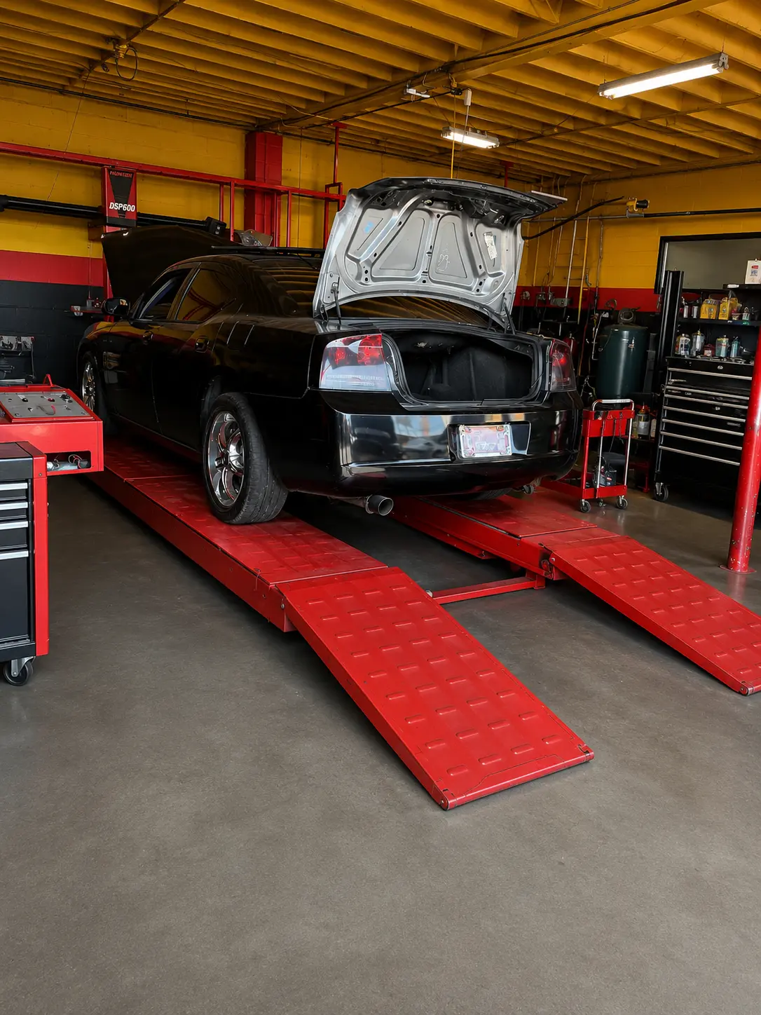 Vehicle positioned on the alignment rack inside the Lopez service bay