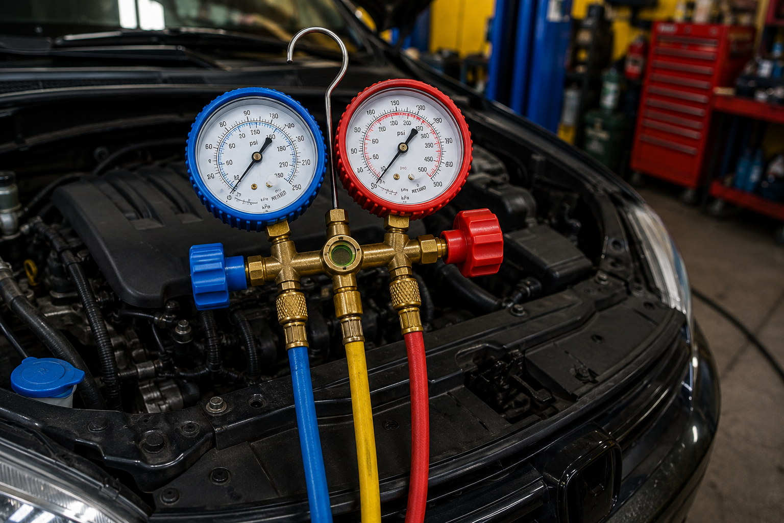 A/C manifold gauges connected to a vehicle for an air conditioning recharge