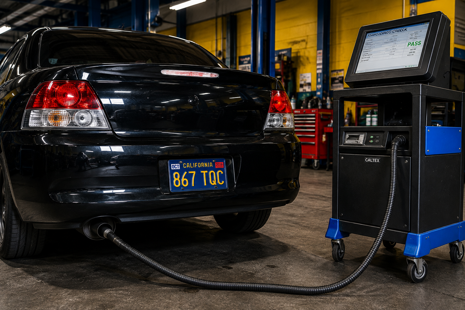 Vehicle connected to a smog check machine at the shop