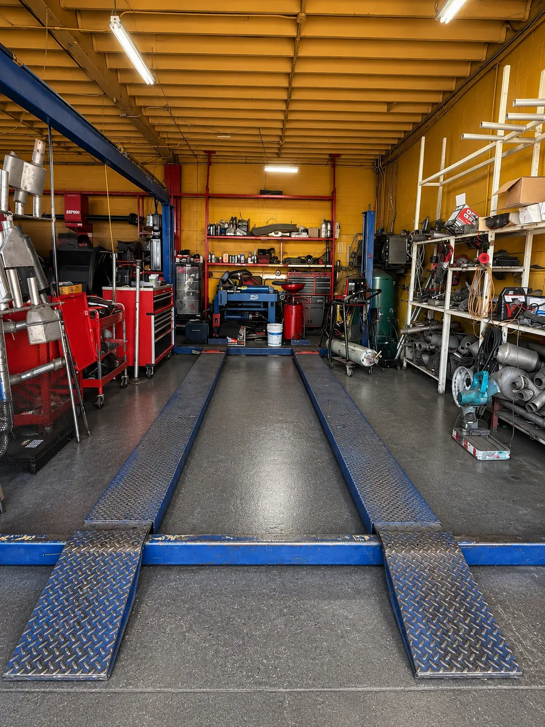 Muffler and exhaust work bay with pipe stock and fabrication tools at the Lopez shop